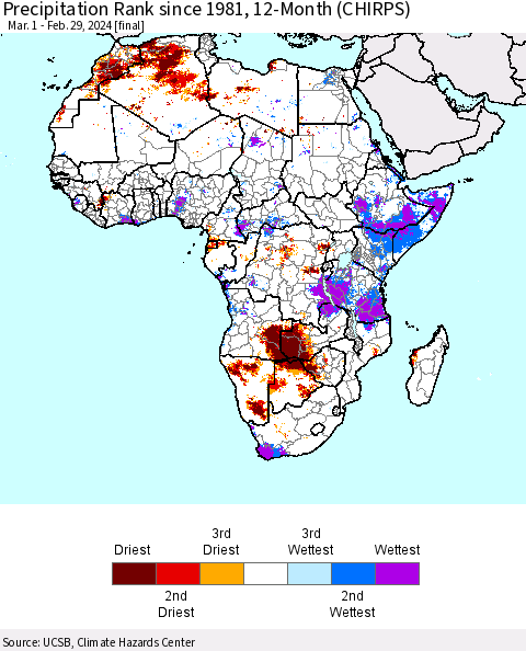 Africa Precipitation Rank since 1981, 12-Month (CHIRPS) Thematic Map For 3/1/2023 - 2/29/2024