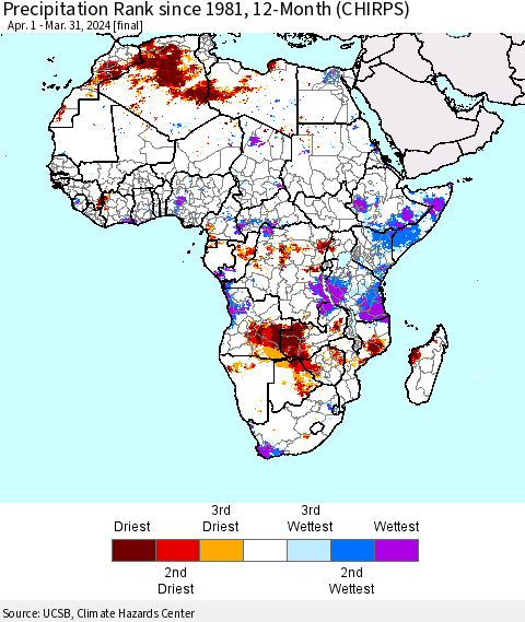 Africa Precipitation Rank since 1981, 12-Month (CHIRPS) Thematic Map For 4/1/2023 - 3/31/2024