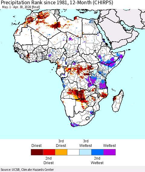 Africa Precipitation Rank since 1981, 12-Month (CHIRPS) Thematic Map For 5/1/2023 - 4/30/2024