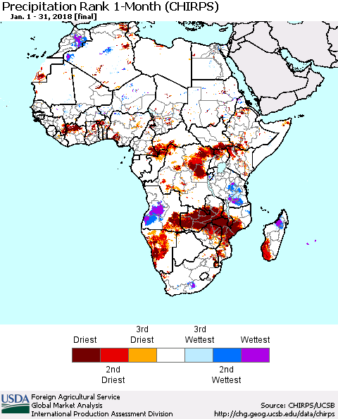 Africa Precipitation Rank since 1981, 1-Month (CHIRPS) Thematic Map For 1/1/2018 - 1/31/2018