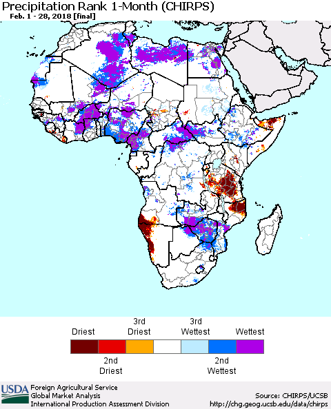 Africa Precipitation Rank since 1981, 1-Month (CHIRPS) Thematic Map For 2/1/2018 - 2/28/2018