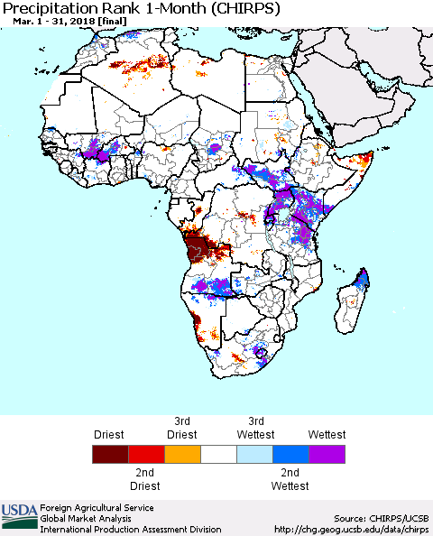 Africa Precipitation Rank since 1981, 1-Month (CHIRPS) Thematic Map For 3/1/2018 - 3/31/2018