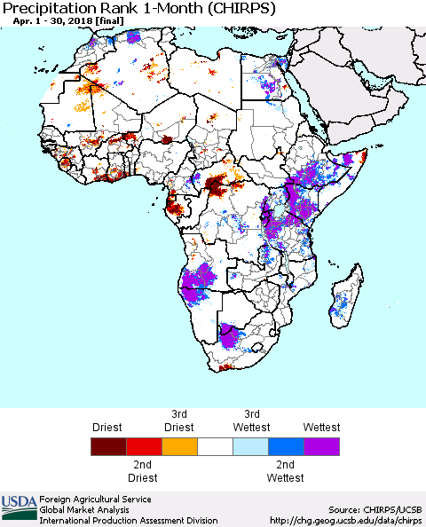 Africa Precipitation Rank since 1981, 1-Month (CHIRPS) Thematic Map For 4/1/2018 - 4/30/2018