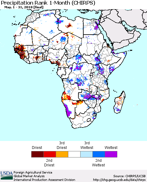 Africa Precipitation Rank since 1981, 1-Month (CHIRPS) Thematic Map For 5/1/2018 - 5/31/2018
