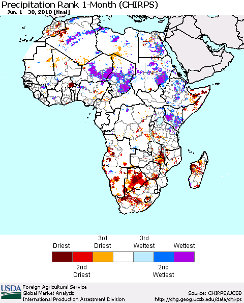 Africa Precipitation Rank since 1981, 1-Month (CHIRPS) Thematic Map For 6/1/2018 - 6/30/2018