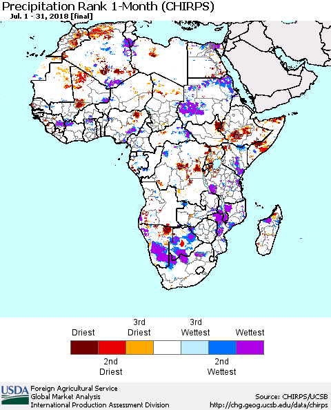 Africa Precipitation Rank since 1981, 1-Month (CHIRPS) Thematic Map For 7/1/2018 - 7/31/2018
