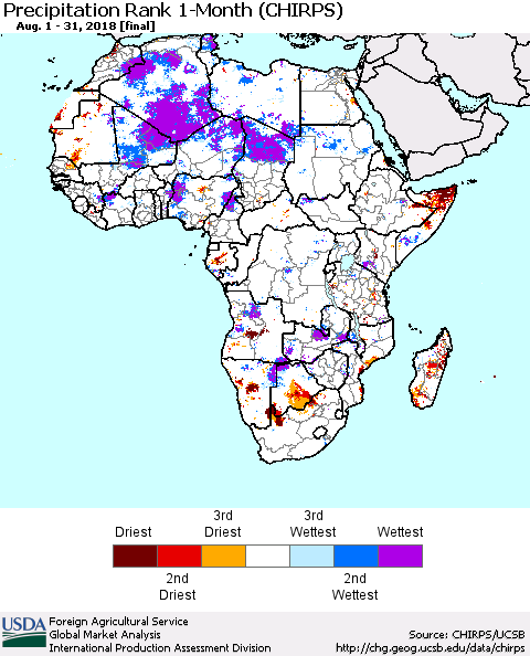 Africa Precipitation Rank since 1981, 1-Month (CHIRPS) Thematic Map For 8/1/2018 - 8/31/2018