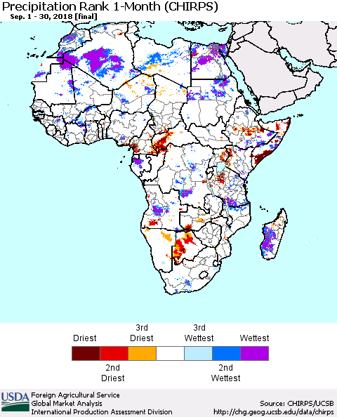 Africa Precipitation Rank since 1981, 1-Month (CHIRPS) Thematic Map For 9/1/2018 - 9/30/2018
