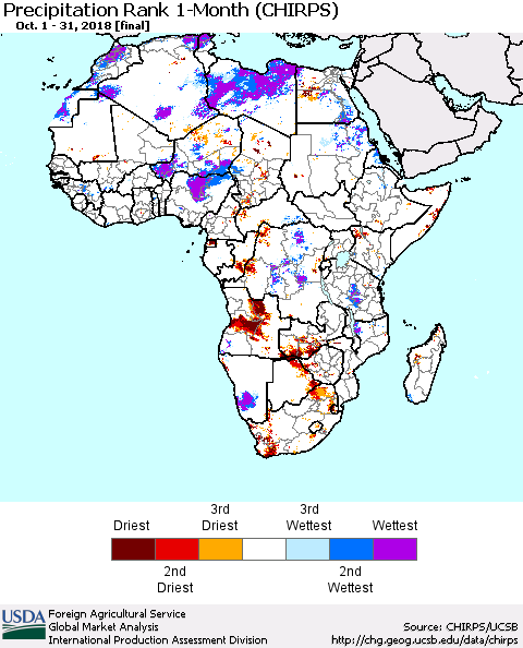 Africa Precipitation Rank since 1981, 1-Month (CHIRPS) Thematic Map For 10/1/2018 - 10/31/2018