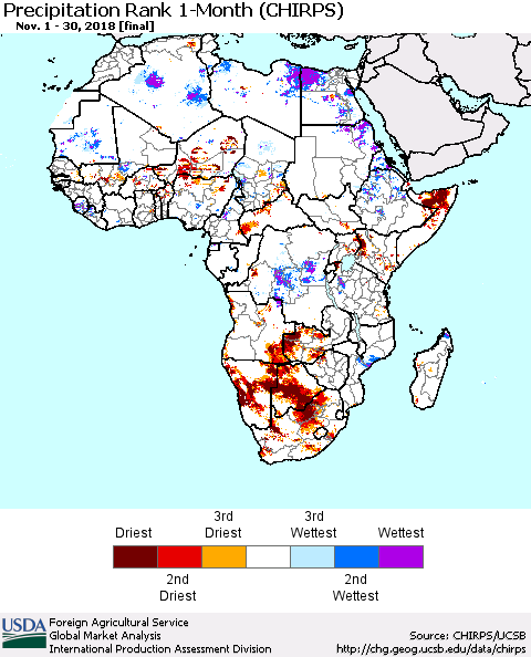 Africa Precipitation Rank since 1981, 1-Month (CHIRPS) Thematic Map For 11/1/2018 - 11/30/2018