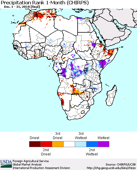 Africa Precipitation Rank since 1981, 1-Month (CHIRPS) Thematic Map For 12/1/2018 - 12/31/2018