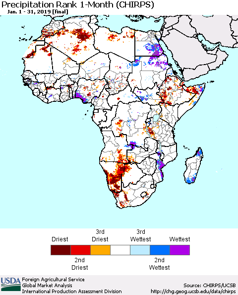 Africa Precipitation Rank since 1981, 1-Month (CHIRPS) Thematic Map For 1/1/2019 - 1/31/2019