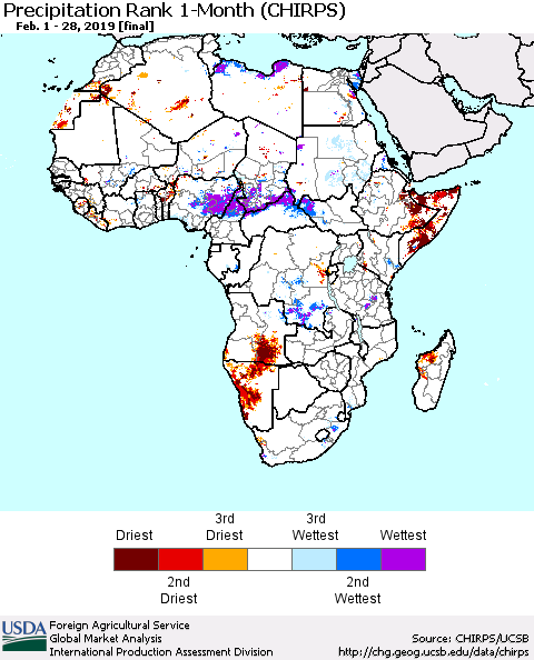 Africa Precipitation Rank since 1981, 1-Month (CHIRPS) Thematic Map For 2/1/2019 - 2/28/2019