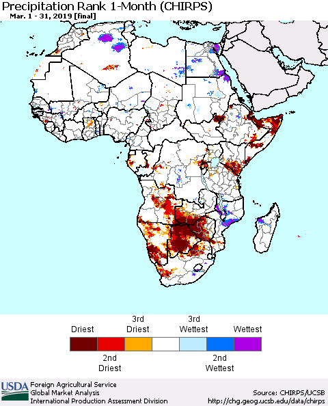 Africa Precipitation Rank since 1981, 1-Month (CHIRPS) Thematic Map For 3/1/2019 - 3/31/2019