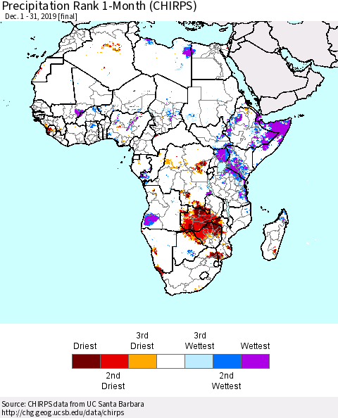 Africa Precipitation Rank since 1981, 1-Month (CHIRPS) Thematic Map For 12/1/2019 - 12/31/2019