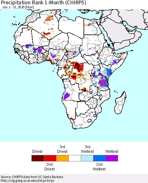 Africa Precipitation Rank since 1981, 1-Month (CHIRPS) Thematic Map For 1/1/2020 - 1/31/2020