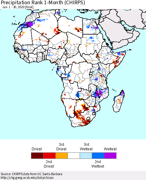 Africa Precipitation Rank 1-Month (CHIRPS) Thematic Map For 6/1/2020 - 6/30/2020