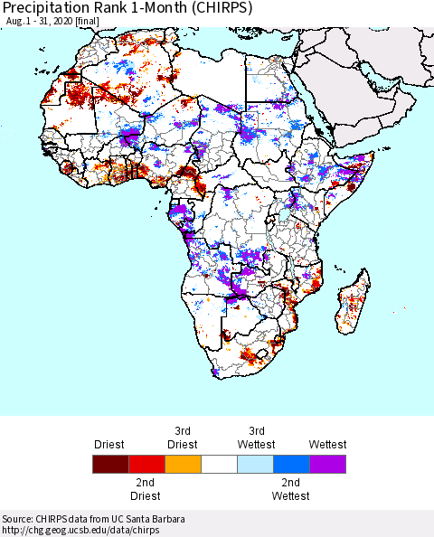 Africa Precipitation Rank 1-Month (CHIRPS) Thematic Map For 8/1/2020 - 8/31/2020