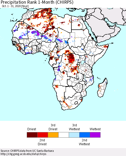 Africa Precipitation Rank since 1981, 1-Month (CHIRPS) Thematic Map For 10/1/2020 - 10/31/2020