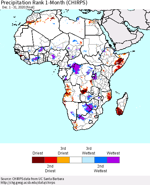 Africa Precipitation Rank 1-Month (CHIRPS) Thematic Map For 12/1/2020 - 12/31/2020