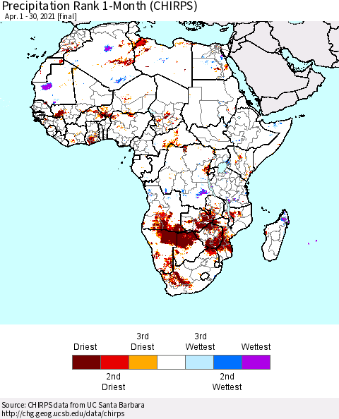 Africa Precipitation Rank 1-Month (CHIRPS) Thematic Map For 4/1/2021 - 4/30/2021
