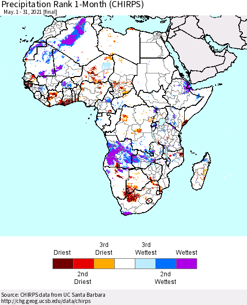 Africa Precipitation Rank 1-Month (CHIRPS) Thematic Map For 5/1/2021 - 5/31/2021