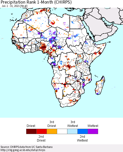 Africa Precipitation Rank 1-Month (CHIRPS) Thematic Map For 7/1/2021 - 7/31/2021