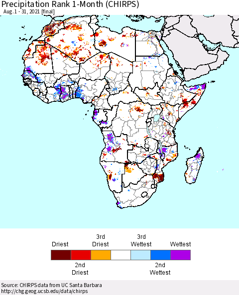 Africa Precipitation Rank 1-Month (CHIRPS) Thematic Map For 8/1/2021 - 8/31/2021