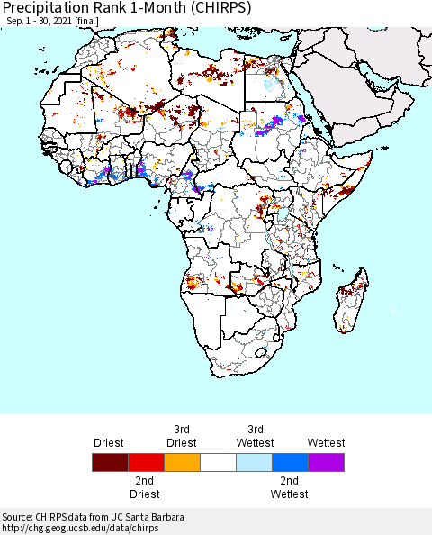 Africa Precipitation Rank 1-Month (CHIRPS) Thematic Map For 9/1/2021 - 9/30/2021