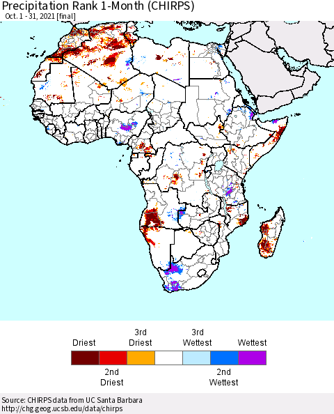Africa Precipitation Rank 1-Month (CHIRPS) Thematic Map For 10/1/2021 - 10/31/2021