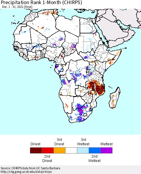 Africa Precipitation Rank 1-Month (CHIRPS) Thematic Map For 12/1/2021 - 12/31/2021