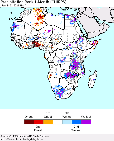 Africa Precipitation Rank 1-Month (CHIRPS) Thematic Map For 1/1/2022 - 1/31/2022