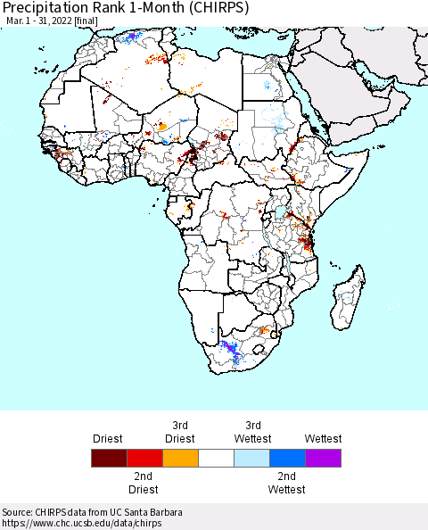 Africa Precipitation Rank since 1981, 1-Month (CHIRPS) Thematic Map For 3/1/2022 - 3/31/2022