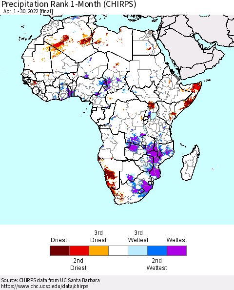 Africa Precipitation Rank 1-Month (CHIRPS) Thematic Map For 4/1/2022 - 4/30/2022