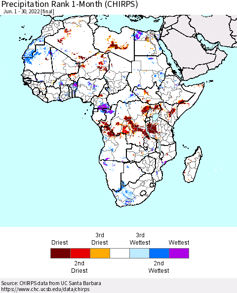 Africa Precipitation Rank 1-Month (CHIRPS) Thematic Map For 6/1/2022 - 6/30/2022
