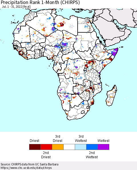 Africa Precipitation Rank 1-Month (CHIRPS) Thematic Map For 7/1/2022 - 7/31/2022