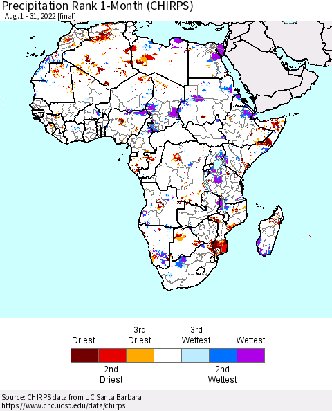 Africa Precipitation Rank 1-Month (CHIRPS) Thematic Map For 8/1/2022 - 8/31/2022