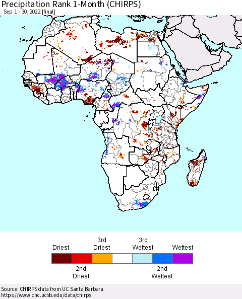 Africa Precipitation Rank 1-Month (CHIRPS) Thematic Map For 9/1/2022 - 9/30/2022