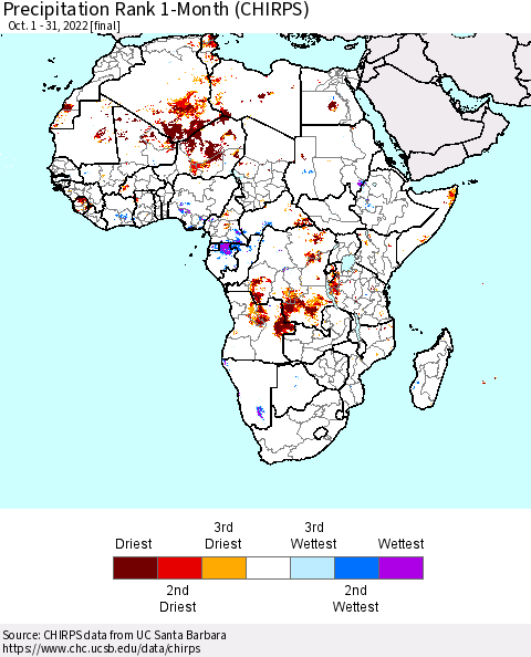 Africa Precipitation Rank since 1981, 1-Month (CHIRPS) Thematic Map For 10/1/2022 - 10/31/2022