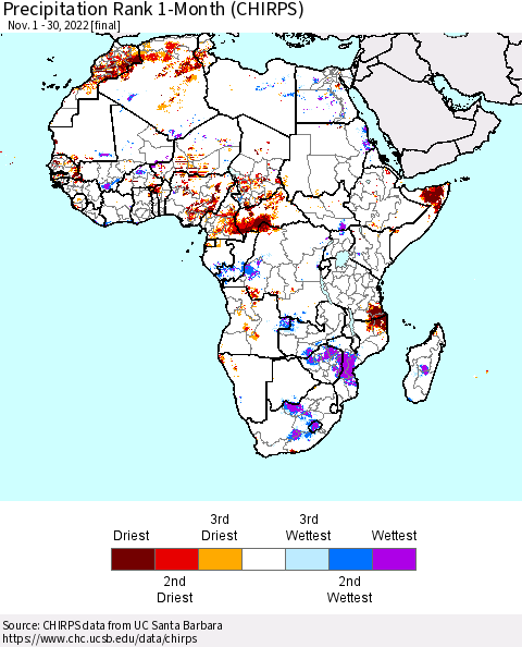 Africa Precipitation Rank since 1981, 1-Month (CHIRPS) Thematic Map For 11/1/2022 - 11/30/2022