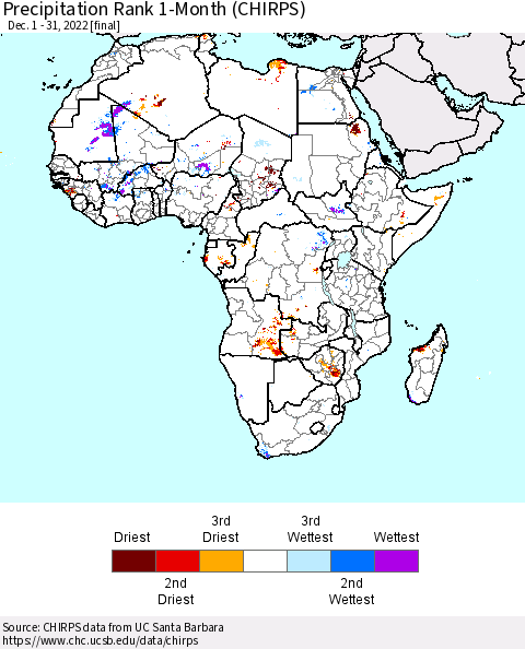 Africa Precipitation Rank since 1981, 1-Month (CHIRPS) Thematic Map For 12/1/2022 - 12/31/2022