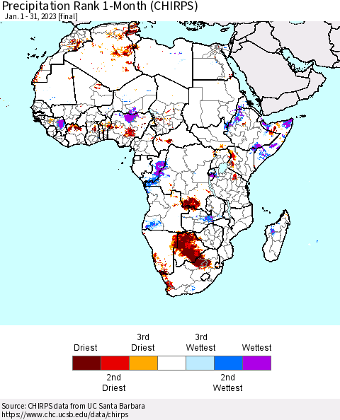 Africa Precipitation Rank since 1981, 1-Month (CHIRPS) Thematic Map For 1/1/2023 - 1/31/2023
