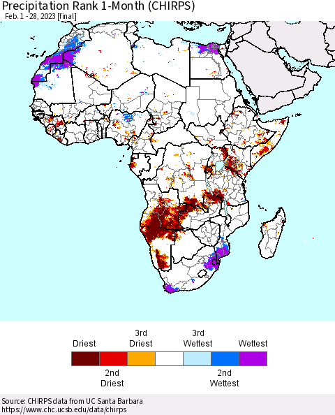 Africa Precipitation Rank 1-Month (CHIRPS) Thematic Map For 2/1/2023 - 2/28/2023