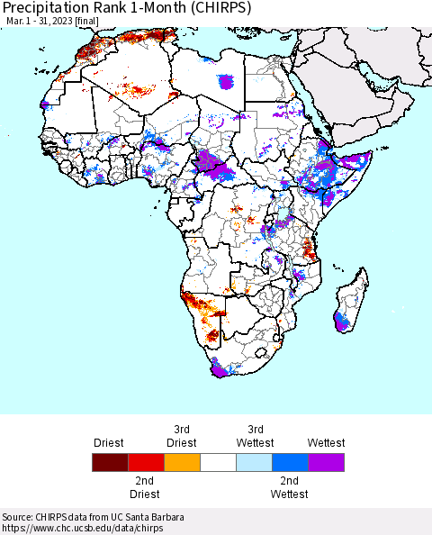 Africa Precipitation Rank since 1981, 1-Month (CHIRPS) Thematic Map For 3/1/2023 - 3/31/2023
