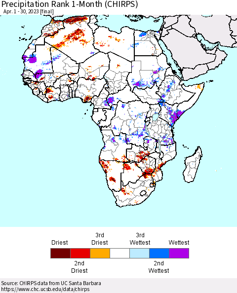 Africa Precipitation Rank since 1981, 1-Month (CHIRPS) Thematic Map For 4/1/2023 - 4/30/2023