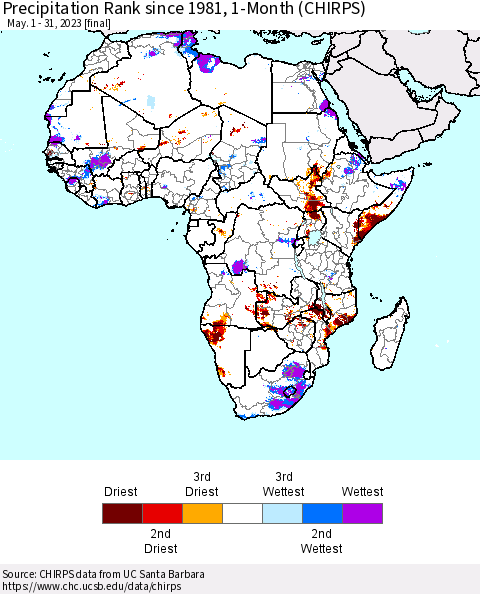 Africa Precipitation Rank since 1981, 1-Month (CHIRPS) Thematic Map For 5/1/2023 - 5/31/2023