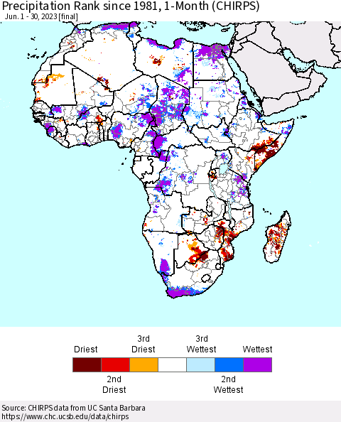 Africa Precipitation Rank since 1981, 1-Month (CHIRPS) Thematic Map For 6/1/2023 - 6/30/2023