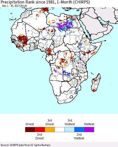 Africa Precipitation Rank since 1981, 1-Month (CHIRPS) Thematic Map For 9/1/2023 - 9/30/2023