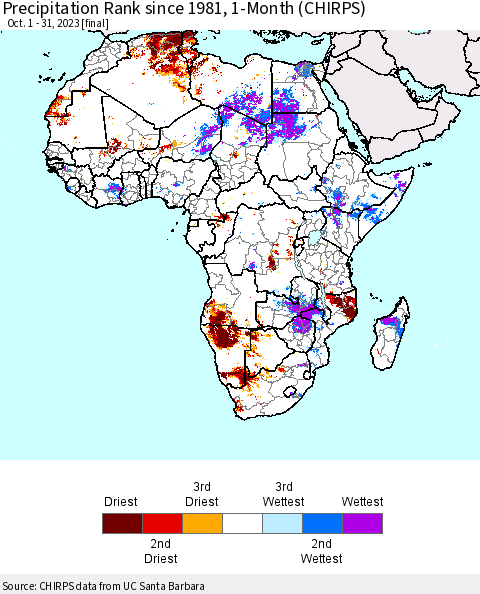Africa Precipitation Rank since 1981, 1-Month (CHIRPS) Thematic Map For 10/1/2023 - 10/31/2023