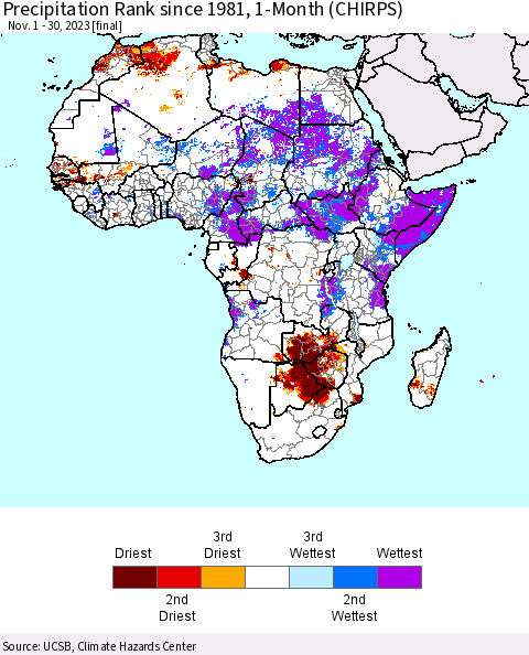 Africa Precipitation Rank since 1981, 1-Month (CHIRPS) Thematic Map For 11/1/2023 - 11/30/2023